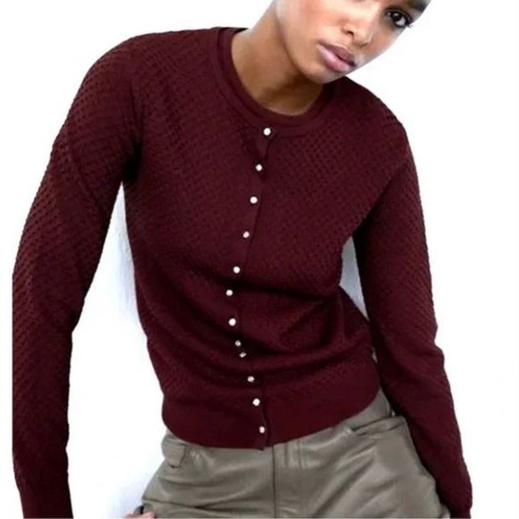 Zara Sweaters - Zara Burgundy Knit Jewel Rhinestones Buttons Textured Cardigan, NWT, M